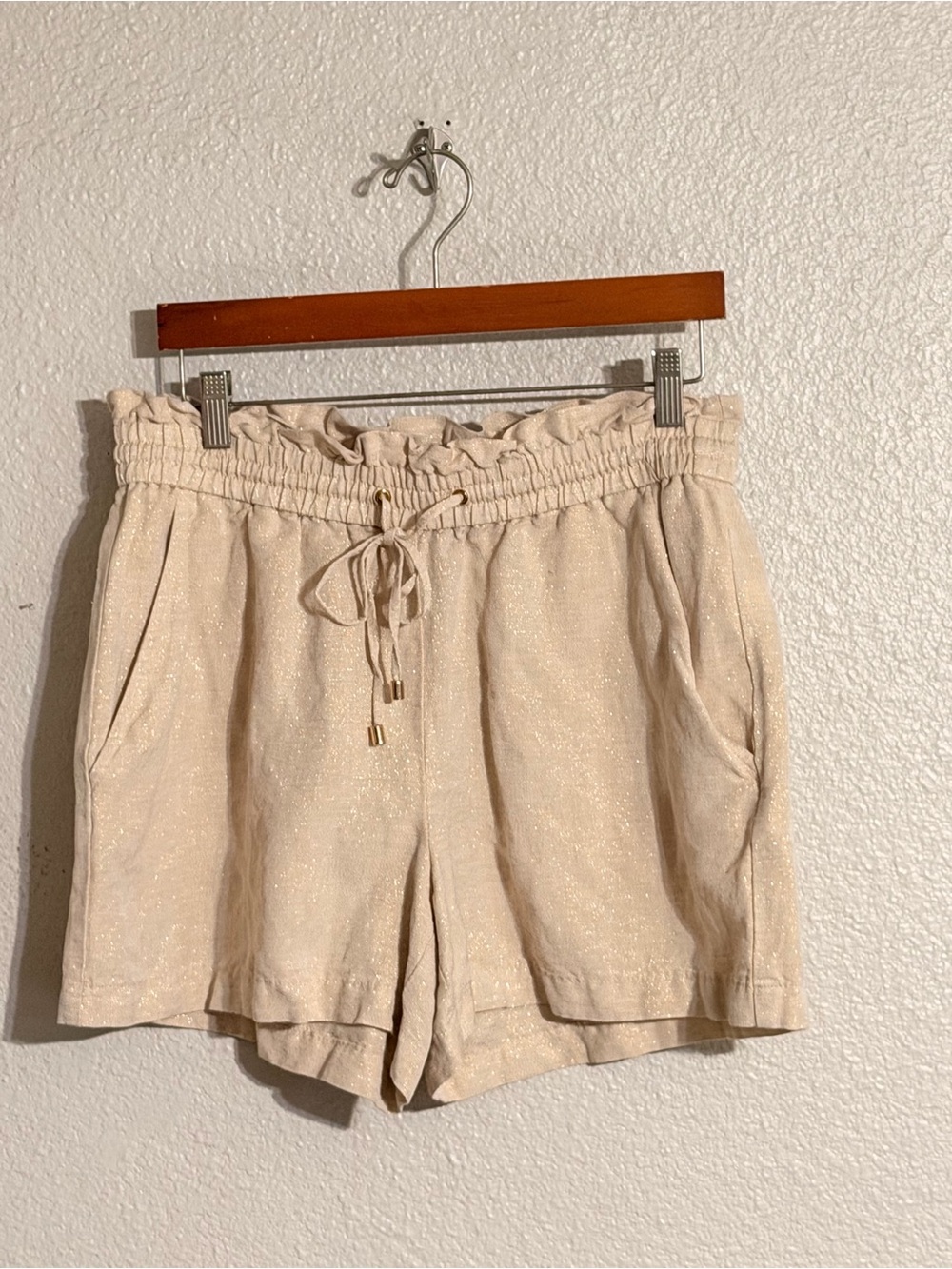 Linen Blend Metalic Women's Drawstring Paperbag Waist Shorts